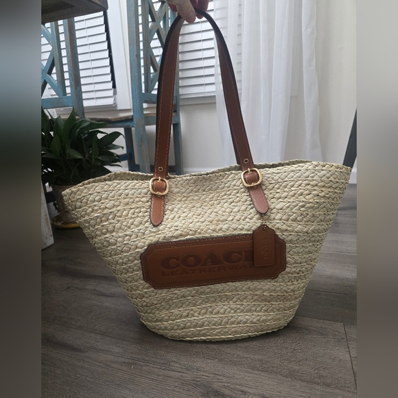 Coach Structured Straw Large Basket Tote Natural/Burnished Amber Cottagecore - Picture 2 of 15